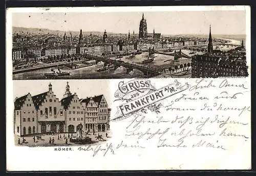 Lithographie Alt-Frankfurt, Römer und Stadtansicht mit Flusspartie