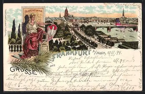 Lithographie Frankfurt /Main, Panoramablick auf die Stadt, Francofurtia