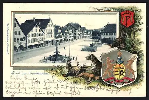 Passepartout-Lithographie Freudenstadt, Blick auf den Platz mit Brunnen, Wappen