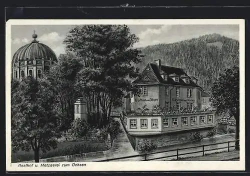 Künstler-AK sign. Hans Pernat: St. Blasien /bad. Schwarzwald, Gasthaus Zum Ochsen, Inh. F. Flum