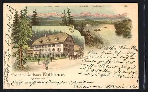 Lithographie Rothhaus /Schwarzwald, Das Gast- und Kurhaus mit Besuchern, Alpenpanorama