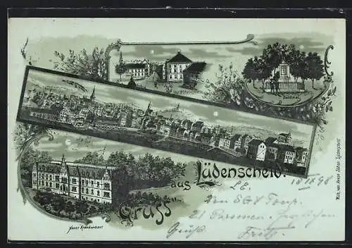 Mondschein-Lithographie Lüdenscheid, Denkmal, Unt. Wilhelmstrasse, neues Krankenhaus, Gesamtansicht