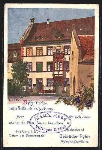 Künstler-AK Freiburg i. B., Phyrr`sches, früher Falkenstein`sches Haus, Gebrüder Phyrr Weingrosshandlung, Reklame