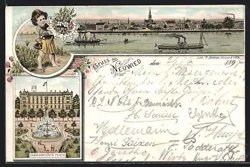 Lithographie Neuwied, Landgerichts-Platz, Panorama mit Schiffen, Kind mit Blumen