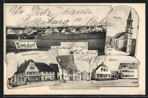 AK Binsdorf, Gasthaus zur Krone, Schule, Post und Rathaus