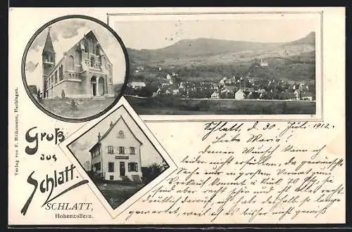 AK Schlatt / Hohenzollern, Gasthaus, Kirche und Ortsansicht