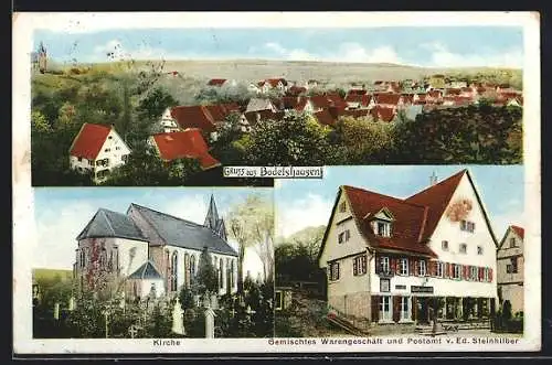 AK Bodelshausen, Warengeschäft-Postamt E. Steinhilber, Kirche, Ortsansicht aus der Vogelschau