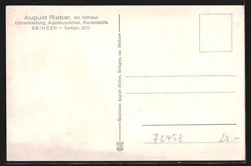 AK Ebingen, Kaufhaus August Rieber am Rathaus in der Kirchgrabenstrasse 15 Ecke Kronenstrasse