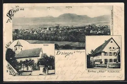 AK Erzingen /Balingen, Gasthaus Rössle / Post, Kirche, Gesamtansicht mit Bergpanorama
