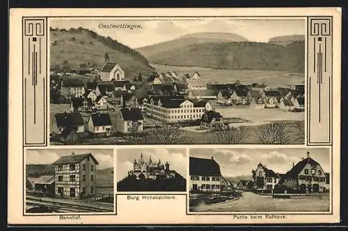 AK Onstmettingen, Bahnhof, Ortspartie beim Rathaus, Ortsansicht mit Bergpanorama