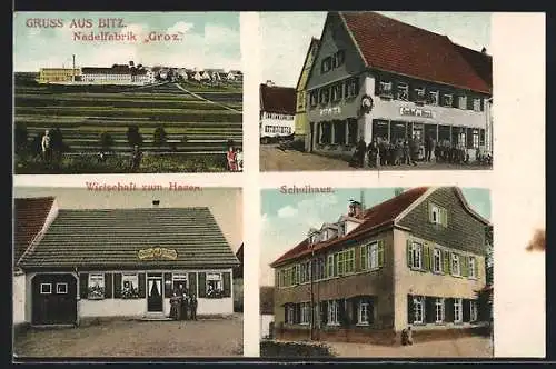 AK Bitz / Württ., Nadelfabrik Groz, Gasthaus Wirtschaft zum Hasen, Gasthof zum Hirsch, Schule