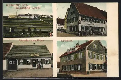 AK Bitz / Württ., Nadelfabrik Groz, Gasthaus Wirtschaft zum Hasen, Gasthof zum Hirsch, Schulhaus
