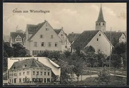 AK Winterlingen, Warenhaus Alf. Lorch, Teilansicht mit Parkanlage und Kirche