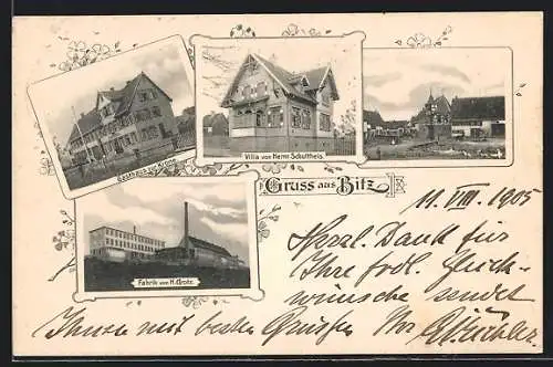 AK Bitz / Württ., Gasthaus zur Krone, Fabrik H. Grotz, Villa Schultheis, Ortspartie