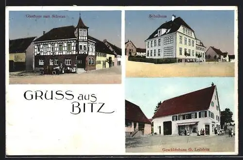 AK Bitz / Württ., Gasthaus zum Schwan, Geschäftshaus G. Leinfritz, Schule