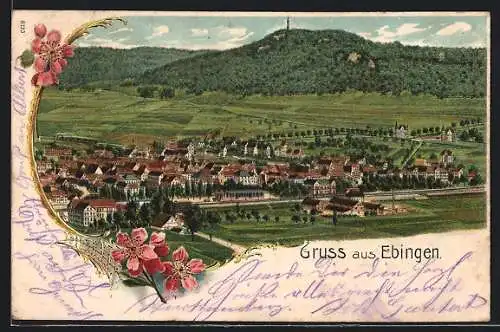 Lithographie Ebingen, Gesamtansicht mit Bergblick aus der Vogelschau, Blumen