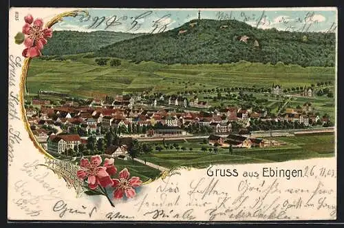 Lithographie Ebingen, Panoramablick auf die Ortschaft