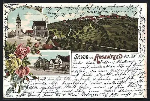 Lithographie Rosenfeld / Württ., Kirche und Gasthaus Forsthaus, Rathaus mit Apotheke und Marktbrunnen, Teilansicht