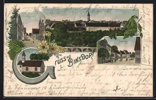 Lithographie Binsdorf, Totalansicht, Kirchstrasse, Turmstrasse und Loretto