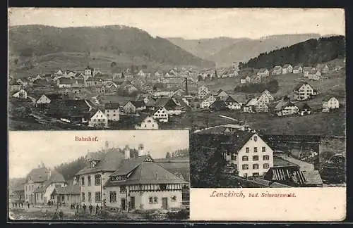 AK Lenzkirch, Bahnhof von Aussen mit Leuten, Totalansicht