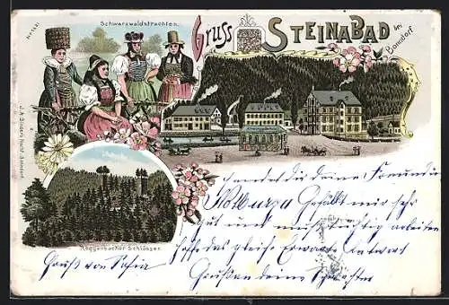 Lithographie Bonndorf / Baden, Gasthof Steinabad & Altdeutsche Bierhalle, Roggenbacher Schlösser, Schwarzwaldtracht