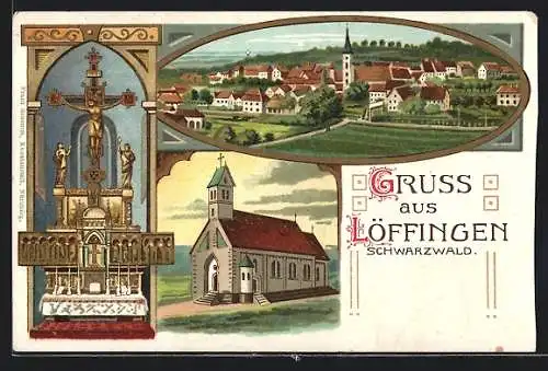Künstler-AK Löffingen /Schwarzwald, Teilansicht, Kirche, Altar