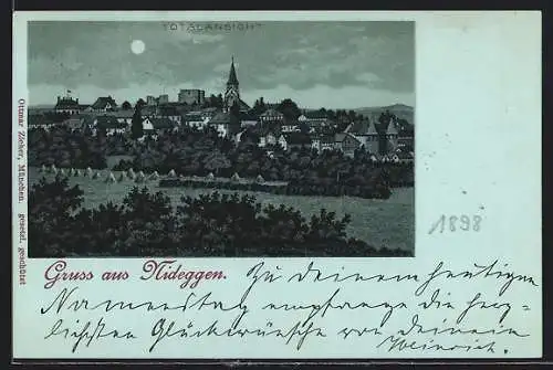 Mondschein-Lithographie Nideggen, Totalansicht mit Kirche