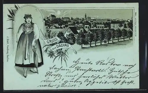 Mondschein-Lithographie Dachau, Teilansicht, Frau in Tracht mit Schirm