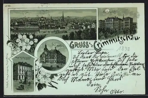 Mondschein-Lithographie Crimmitschau, Kaiser Wilhelm-Denkmal mit Kaufhalle, Rathaus, Knabenschule