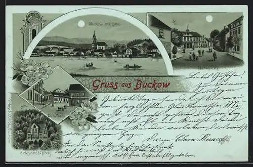 Mondschein-Lithographie Buckow / Mark, Hotel Eckhardt-Haus, Marktplatz, Am Werder