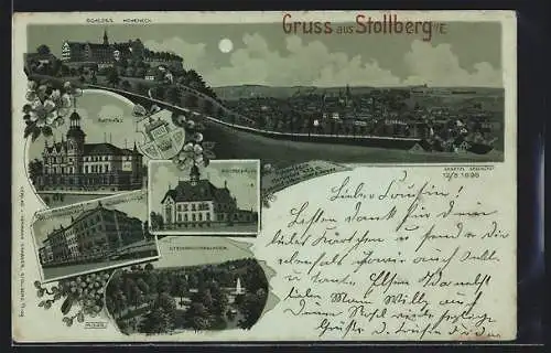 Mondschein-Lithographie Stollberg i. E., Schloss Hoheneck mit Teilansicht, Rathaus, Postgebäude