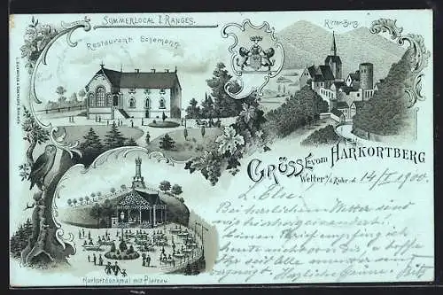 Lithographie Wetter a. Ruhr, Ritter-Burg, Restaurant Schemann, Harkortdenkmal