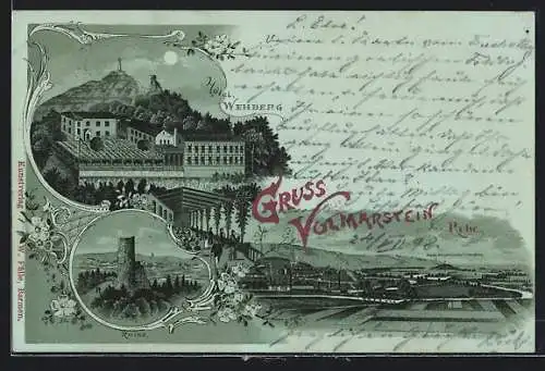 Mondschein-Lithographie Volmarstein an der Ruhr, Hotel Wehberg, Ruine, Hohensyburg mit Kaiser Wilhelm-Denkmal
