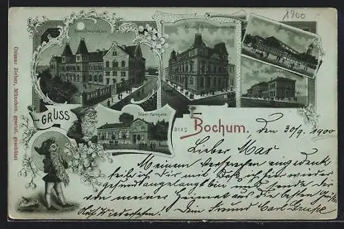 Mondschein-Lithographie Bochum, Gasthaus Schützenhof, Städtische Turnhalle, Berg. Märk. Bahnhof