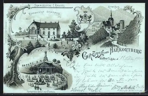 Lithographie Wetter a. Ruhr, Ritter-Burg, Restaurant Schemann, Harkortdenkmal