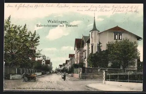 AK Waiblingen, Bahnhofstrasse Ecke Gartenstrasse mit Postamt jetzt Albert-Roller-Strasse