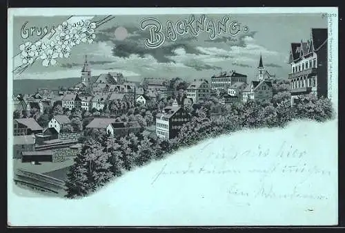 Mondschein-Lithographie Backnang, Teilansicht mit Kirche