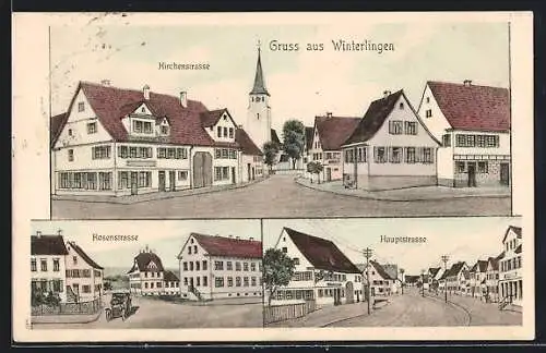 Künstler-AK sign. Hans Pernat: Winterlingen, Kirchenstrasse mit Blick zur Kirche, Rosenstrasse, Hauptstrasse