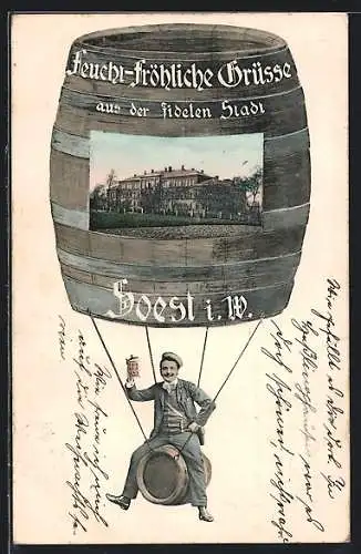 AK Soest i. W., Blick auf ein grosses Gebäude, fliegender Mann auf einem Bierfass
