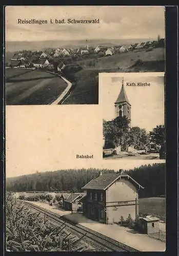 AK Reiselfingen i. bad. Schwarzwald, Bahnhof aus der Vogelschau, Kath. Kirche