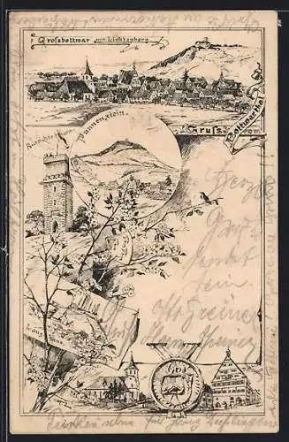 Lithographie Grossbottwar, Ortsansicht mit Lichtenberg, Aussichtsturm, Langhans