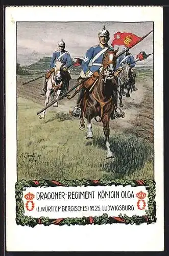 Künstler-AK Angelo Jank: Soldaten in Uniform des Dragoner-Regiment Königin Olga No. 25 Ludwigsburg