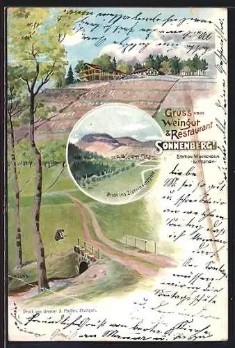 Lithographie Winnenden, Restaurant und Weingut Sonnenberg, Blick ins Zipfelbachthäle