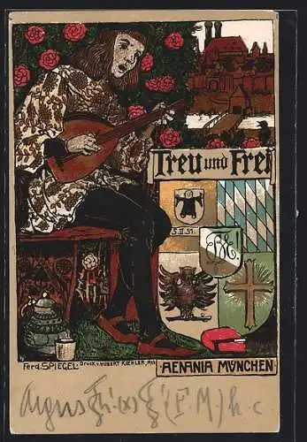 Künstler-AK Ferdinand Spiegel: Treu & Frei, Aenania München, Wappen
