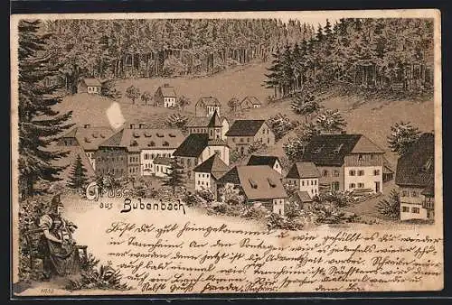 Lithographie Bubenbach, Ortsansicht zwischen Waldstücken