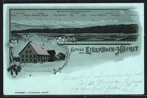 Mondschein-Lithographie Eisenbach-Höchst, Gasthaus zum Hirschen, Alpenpanorama