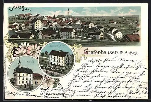 Lithographie Grafenhausen / Schwarzwald, Kaufmann F. Nägele, Rathaus, Ortsansicht
