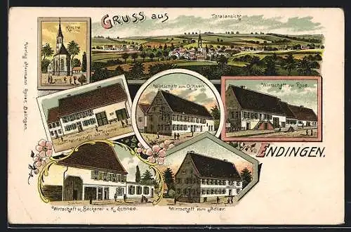 Lithographie Endingen / Balingen, Gasthäuser zur Krone, zum Ochsen, zur Rose und zum Adler, Metzgerei v. K. Schnee