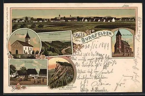 Lithographie Burgfelden, Alte Kirche, neue Kirche, Brunnen, Schalksburg, Böllat
