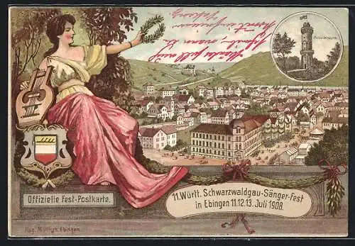 Lithographie Ebingen, Offizielle Festpostkarte zum 11. Württ. Schwarzwaldgau-Sängerfest 1908, Aussichtsturm, Ortsansicht